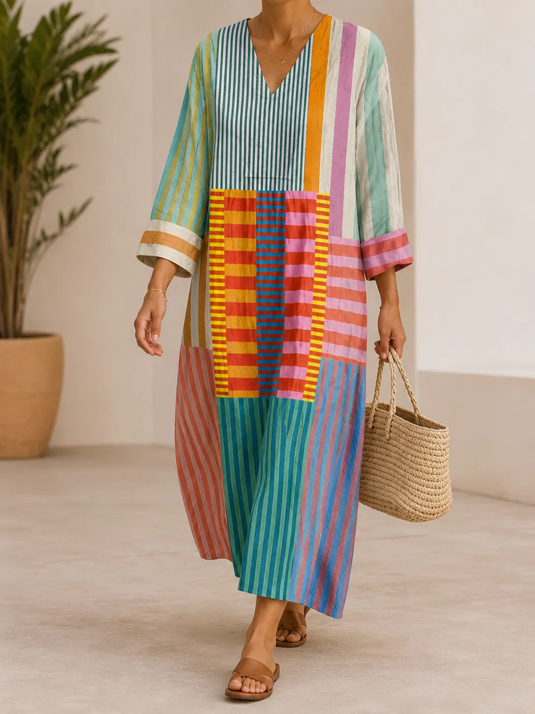 Valentina gestreepte patchwork-damesmidijurk met V-hals