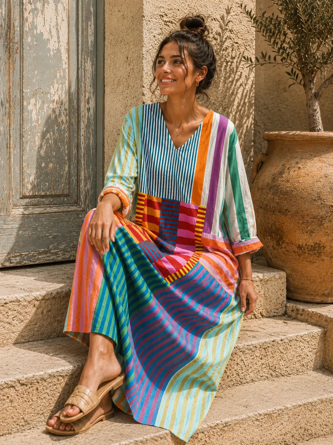 Valentina gestreepte patchwork-damesmidijurk met V-hals