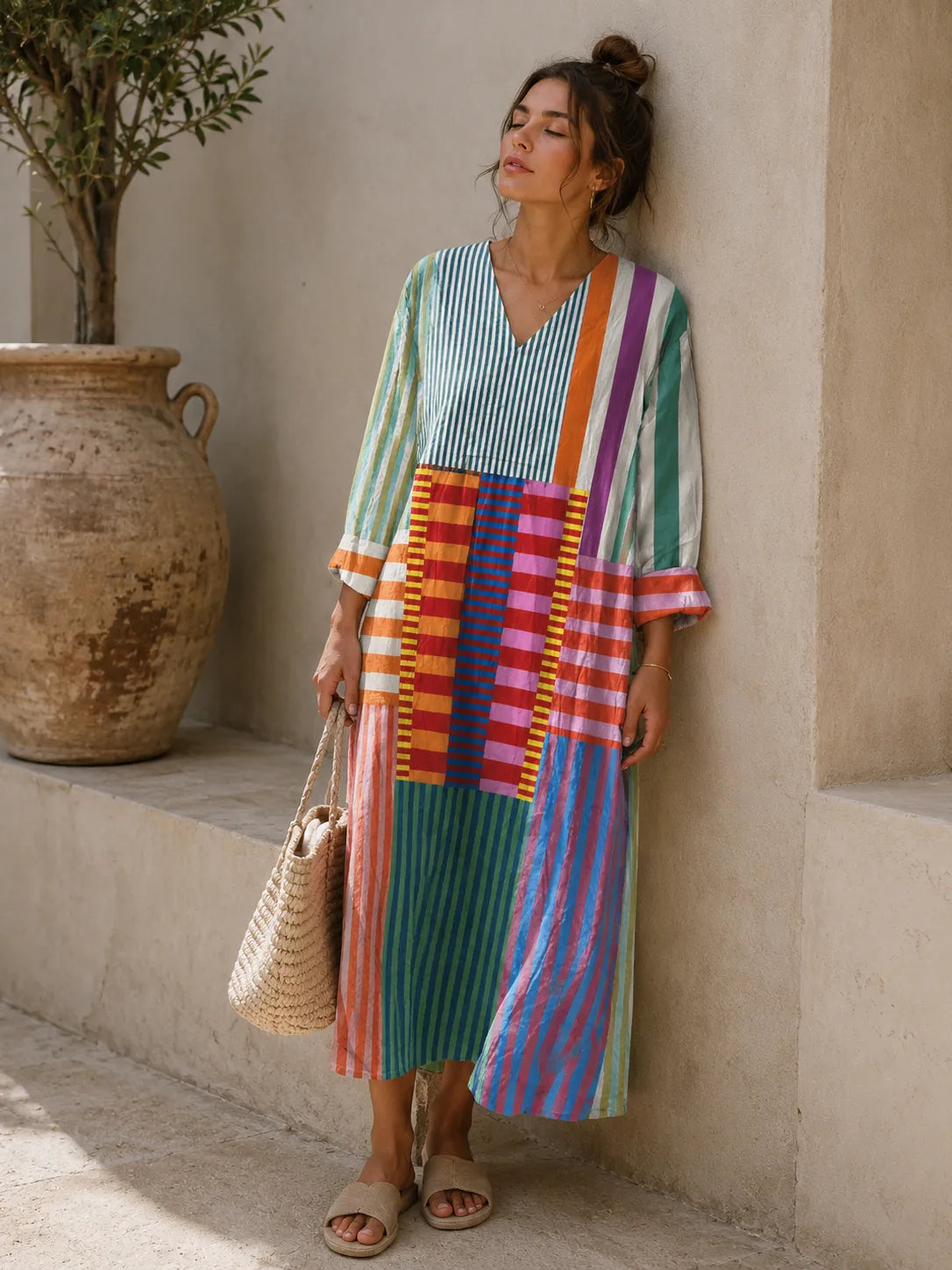 Valentina gestreepte patchwork-damesmidijurk met V-hals