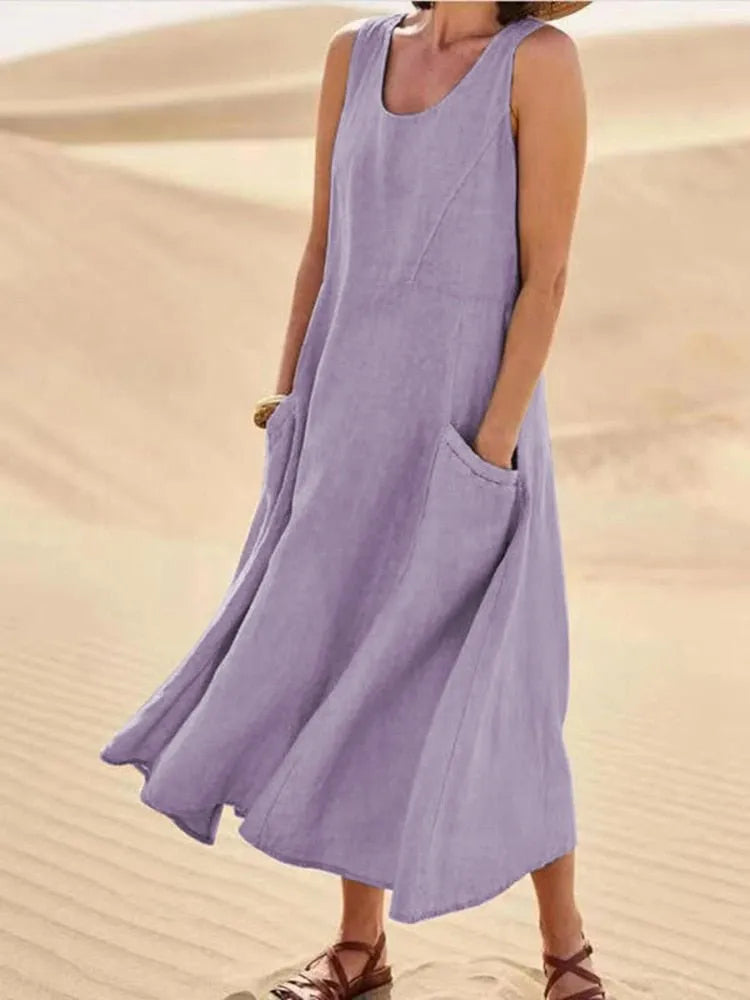 Violet mouwloze midijurk voor dames met wijde ronde hals