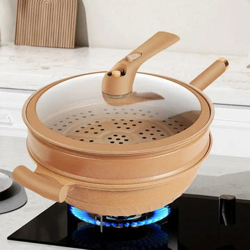 Wokpan met antiaanbaklaag, stoommandje en glazen deksel, gespikkeld