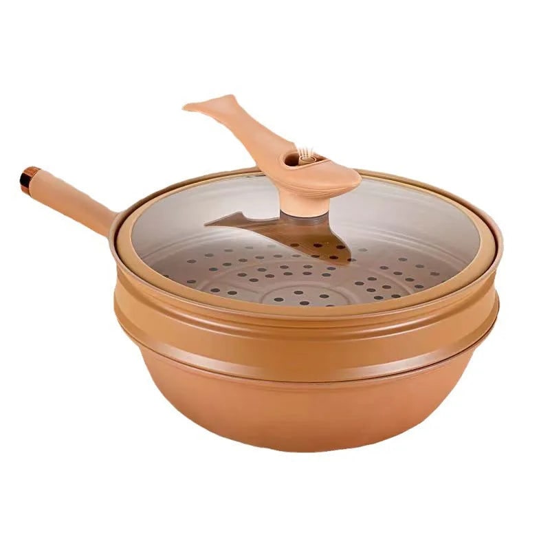 Wokpan met antiaanbaklaag, stoommandje en glazen deksel, gespikkeld