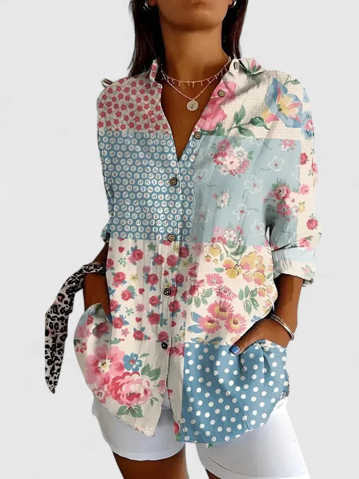 Patchworkblouse voor dames met knoopsluiting en driekwartmouwen