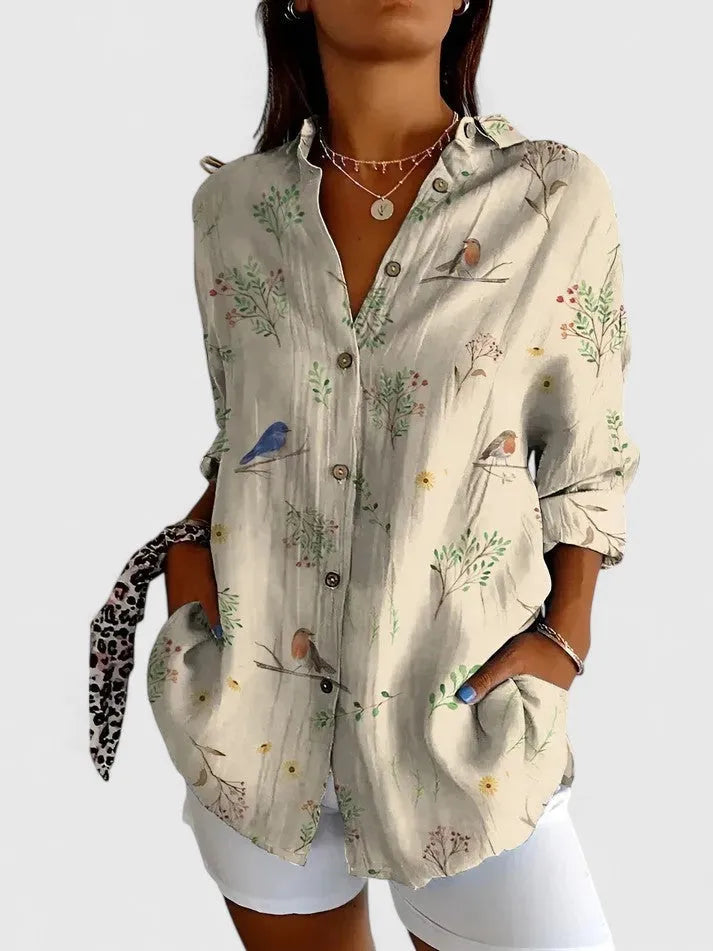 Patchworkblouse voor dames met knoopsluiting en driekwartmouwen