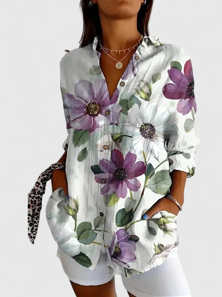 Patchworkblouse voor dames met knoopsluiting en driekwartmouwen