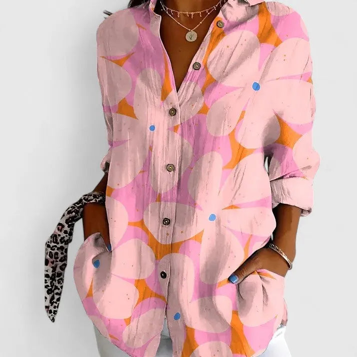 Patchworkblouse voor dames met knoopsluiting en driekwartmouwen