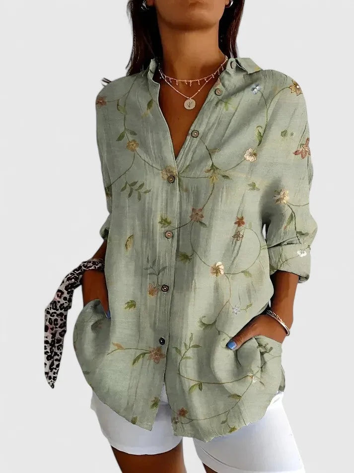 Patchworkblouse voor dames met knoopsluiting en driekwartmouwen