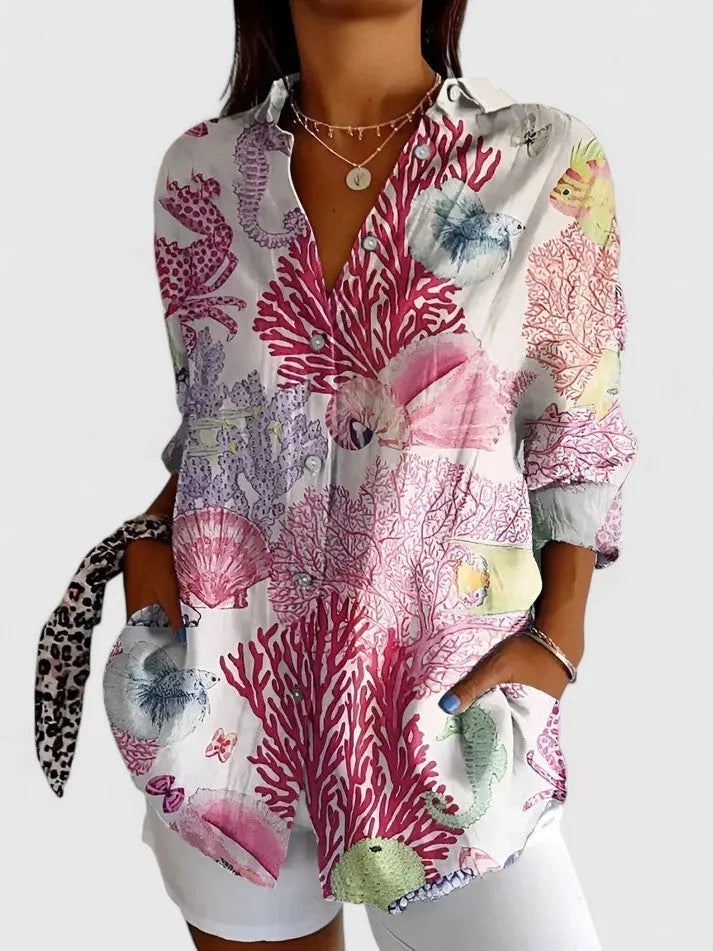 Patchworkblouse voor dames met knoopsluiting en driekwartmouwen