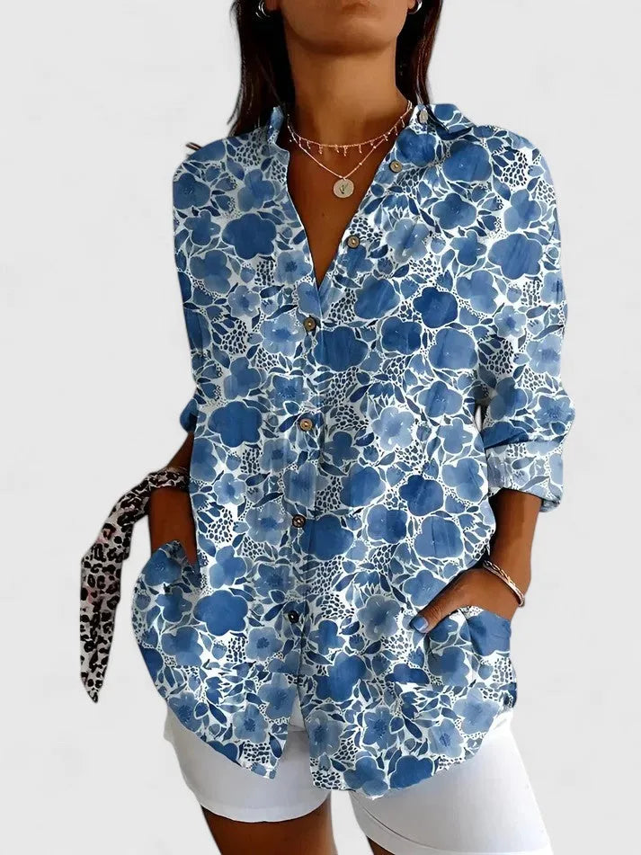Patchworkblouse voor dames met knoopsluiting en driekwartmouwen