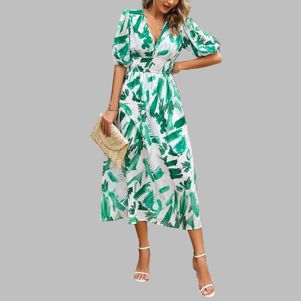 "Women's casual V-neck midi dress in breathable cotton, features short sleeves and a relaxed silhouette for summer comfort."