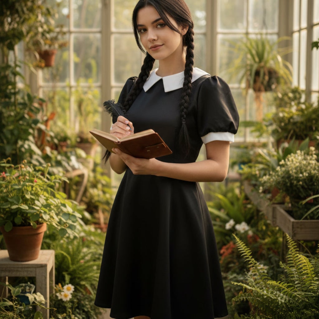 Dames Halloweenkostuum gothic schoolmeisje met witte kraag en lange mouwen, feestoutfit