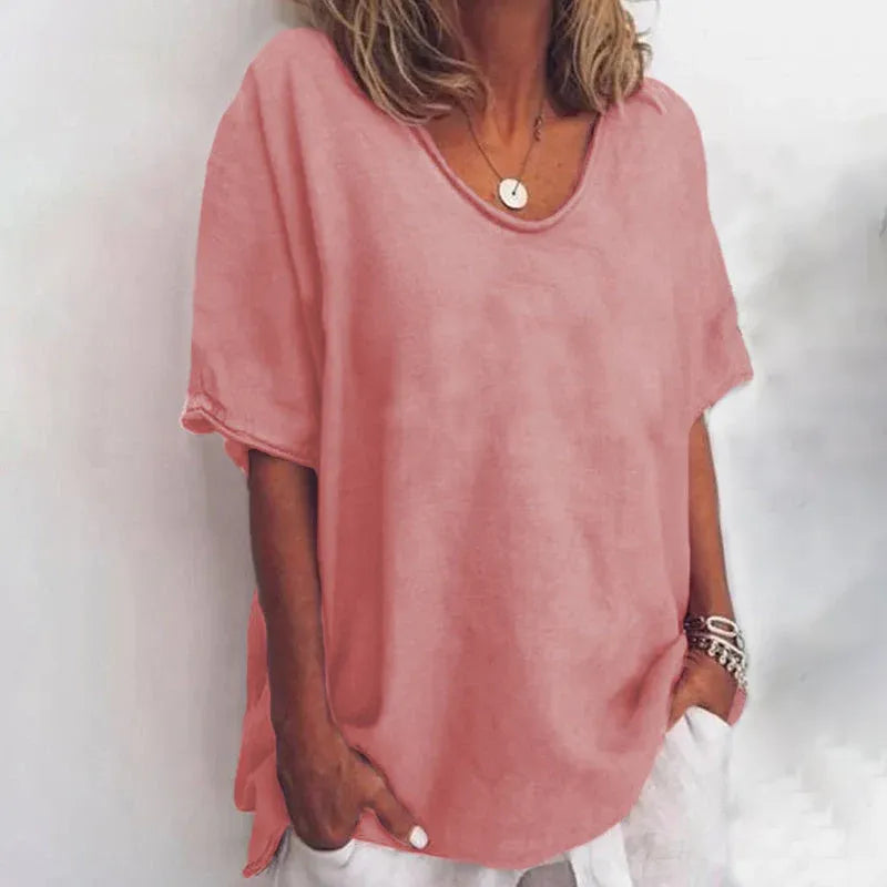 Losvallende damesblouse met V-hals en korte mouwen