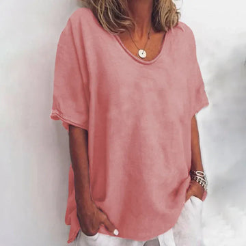 Losvallende damesblouse met V-hals en korte mouwen