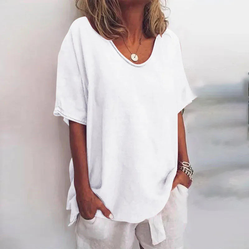 Losvallende damesblouse met V-hals en korte mouwen