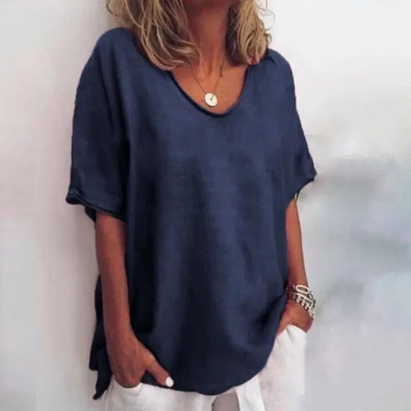 Losvallende damesblouse met V-hals en korte mouwen