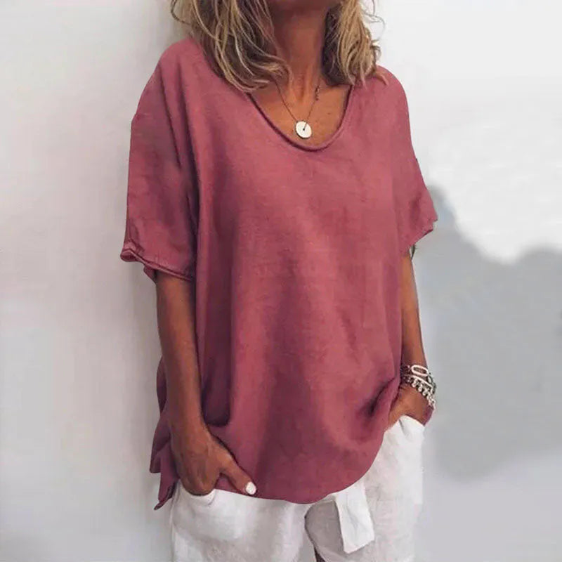 Losvallende damesblouse met V-hals en korte mouwen