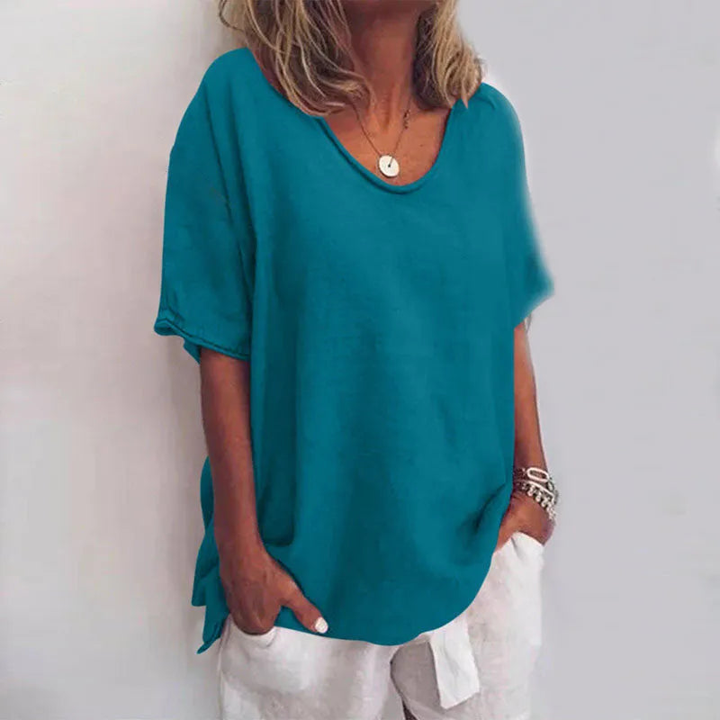 Losvallende damesblouse met V-hals en korte mouwen