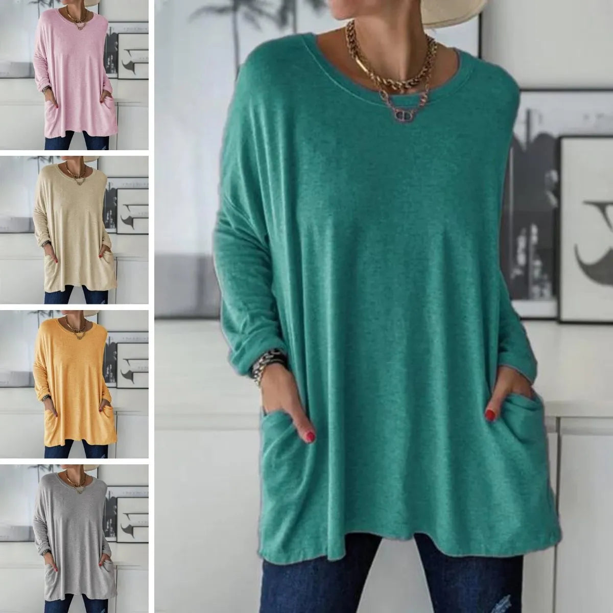 Oversized tuniektop met lange mouwen en zakken voor dames