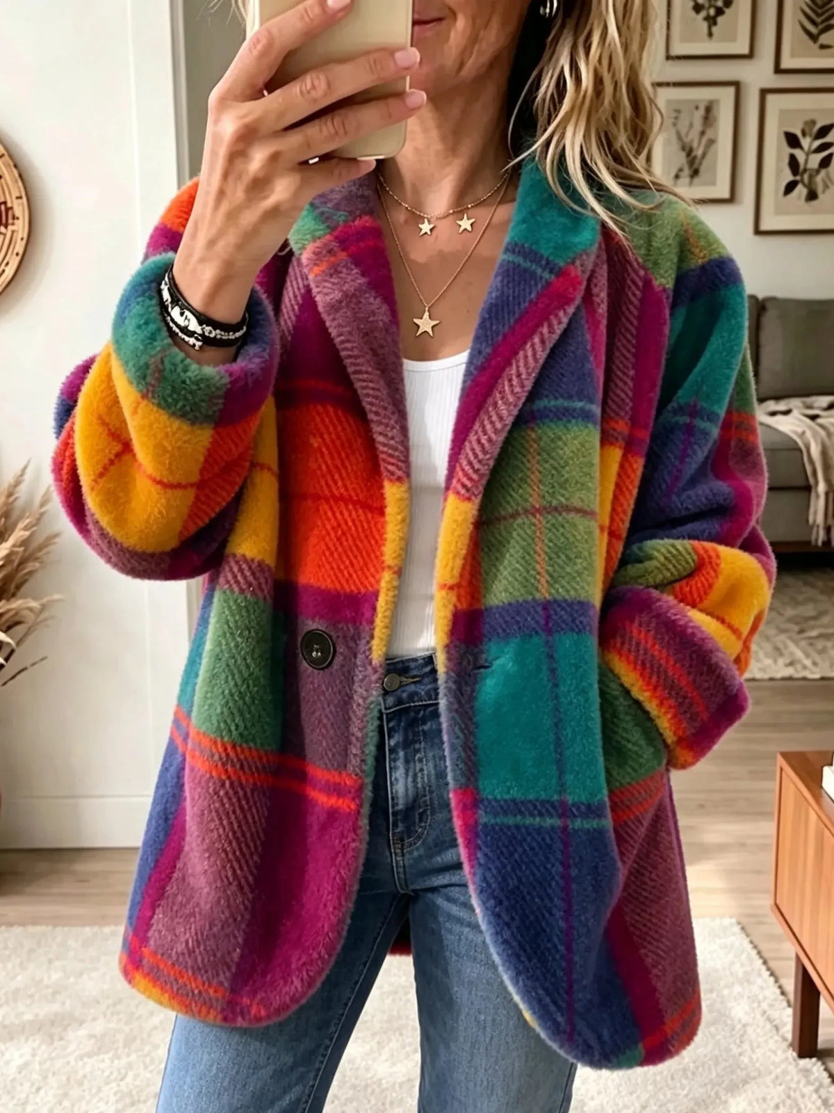 Lange geruite damesvestblazer met knoopsluiting
