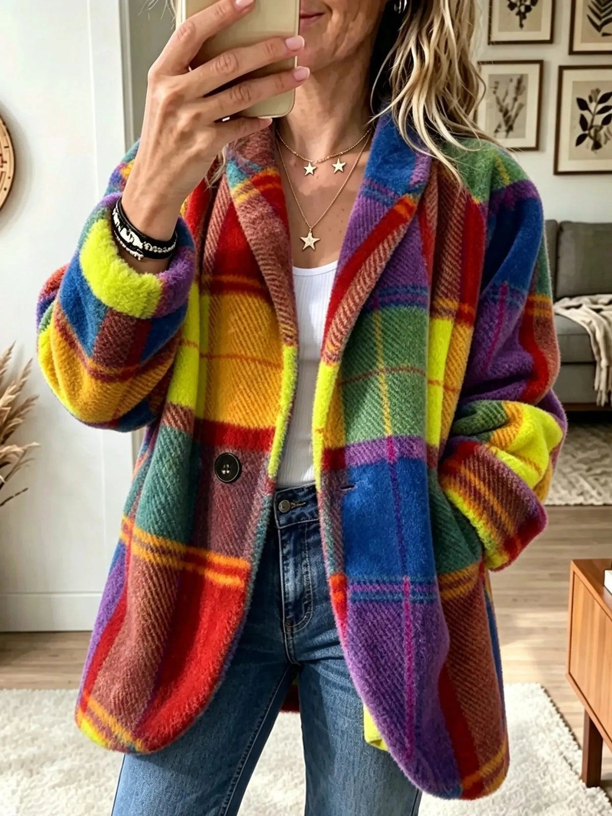 Lange geruite damesvestblazer met knoopsluiting
