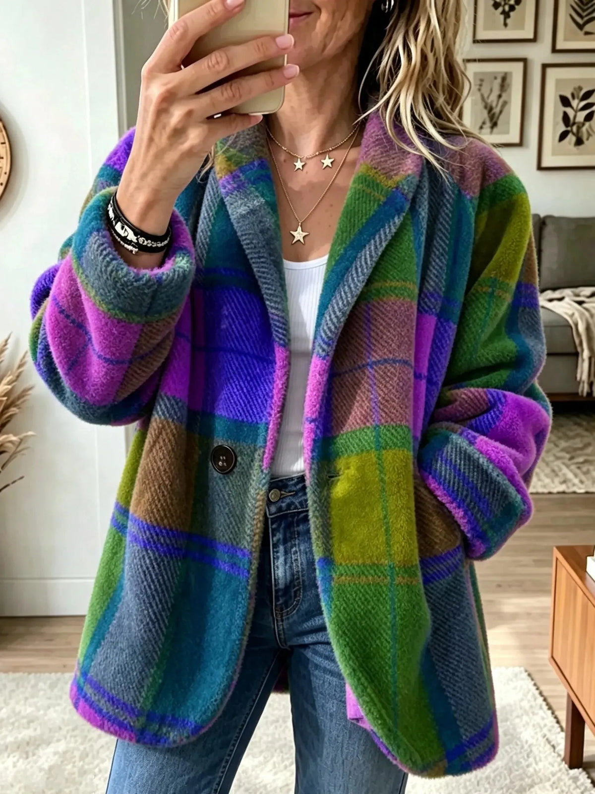Lange geruite damesvestblazer met knoopsluiting
