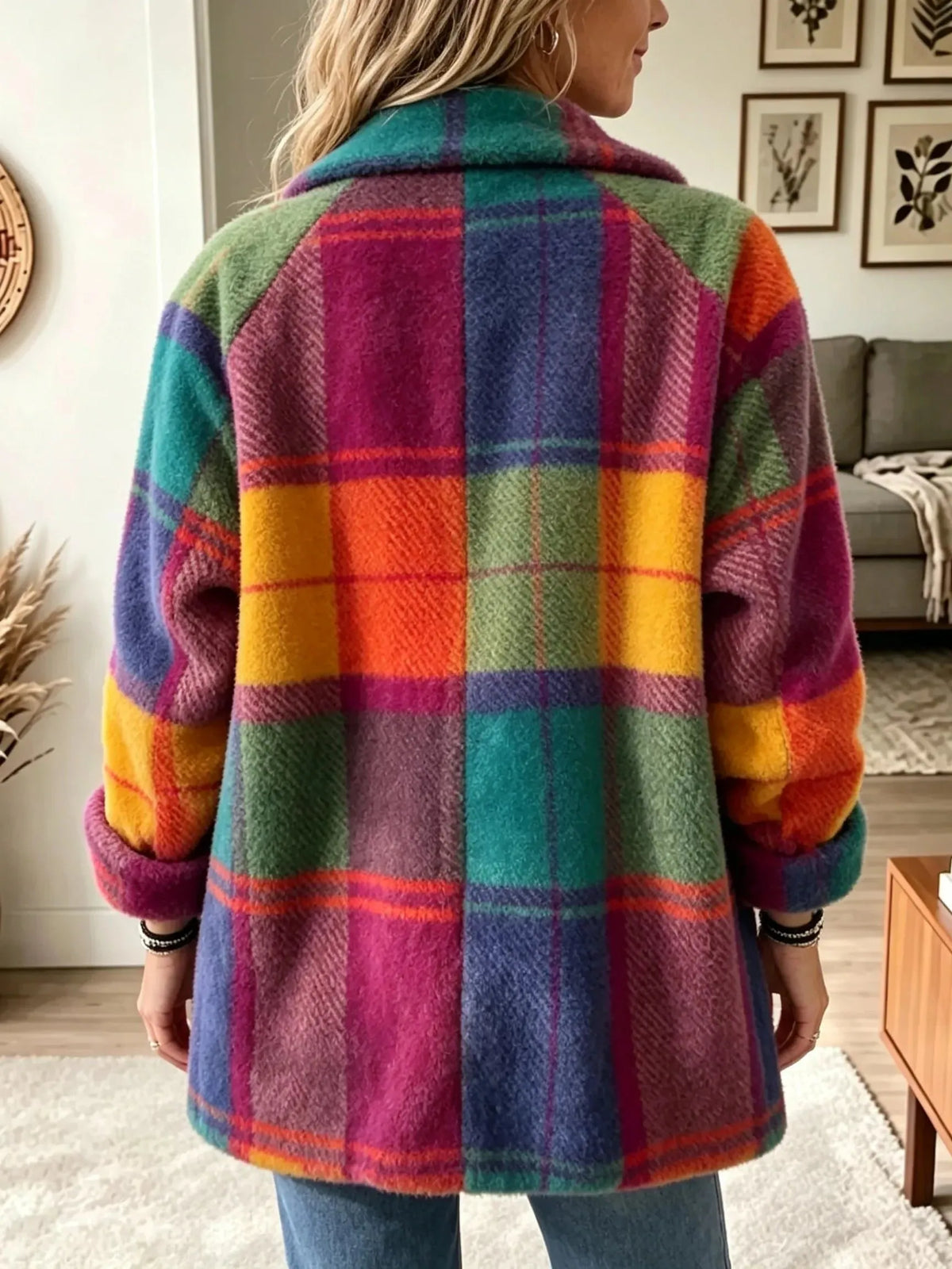 Lange geruite damesvestblazer met knoopsluiting