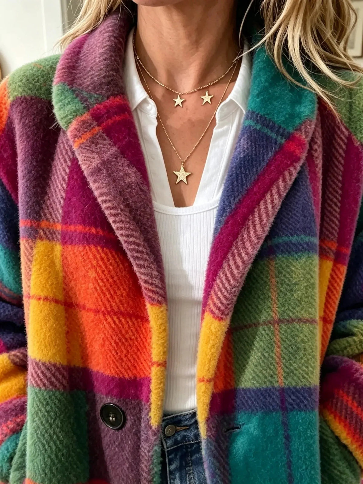 Lange geruite damesvestblazer met knoopsluiting