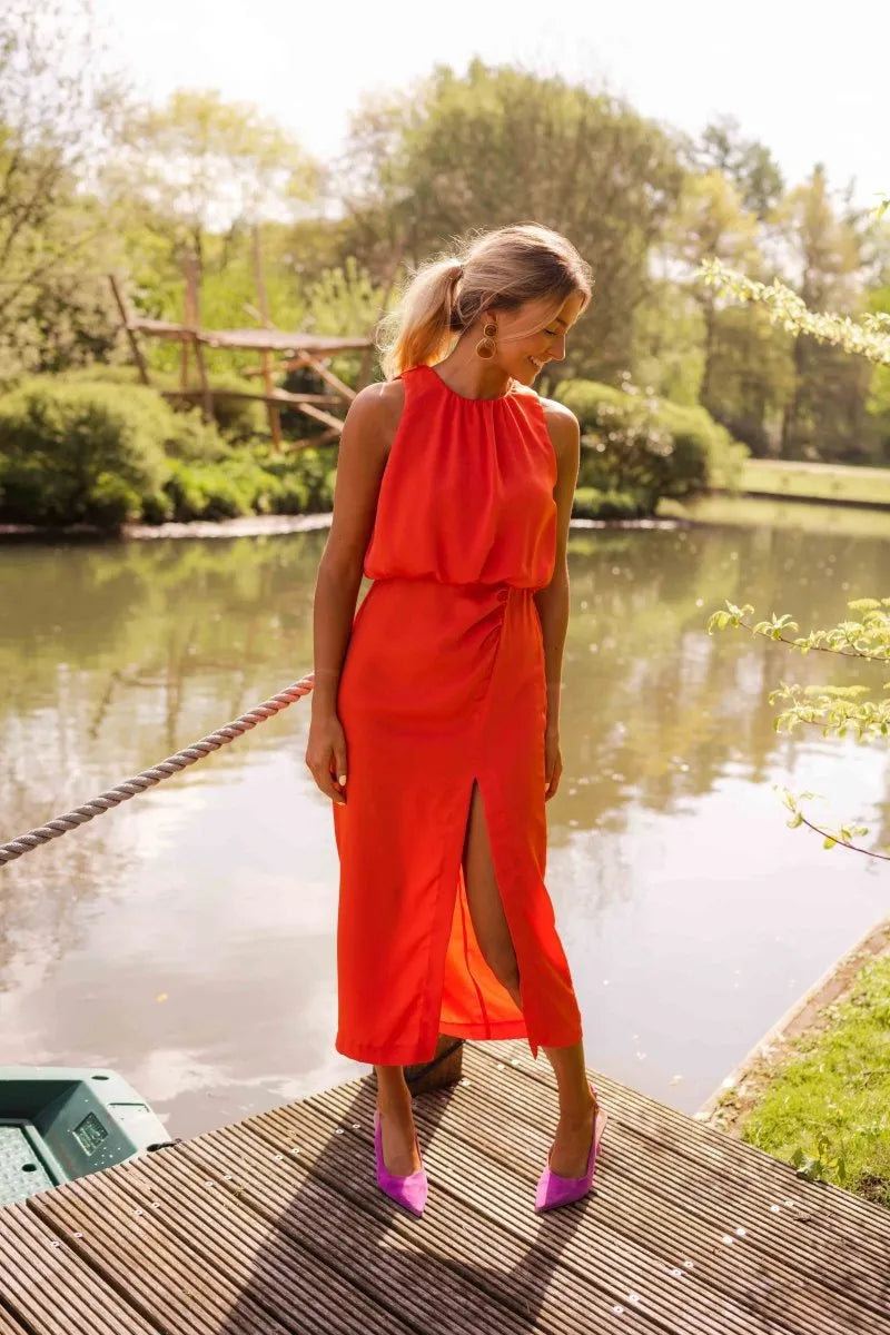 Mouwloze midijurk voor dames met ronde hals en split