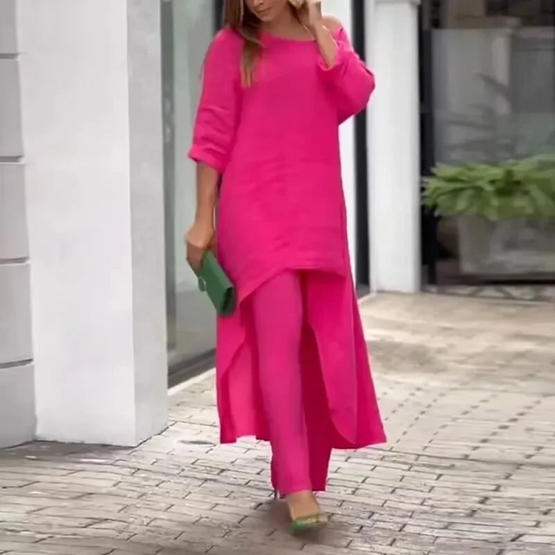 Tweedelige damesset broek van linnen met wijde pijpen en asymmetrische tuniek