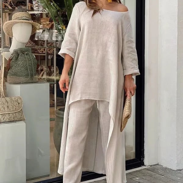 Tweedelige damesset broek van linnen met wijde pijpen en asymmetrische tuniek