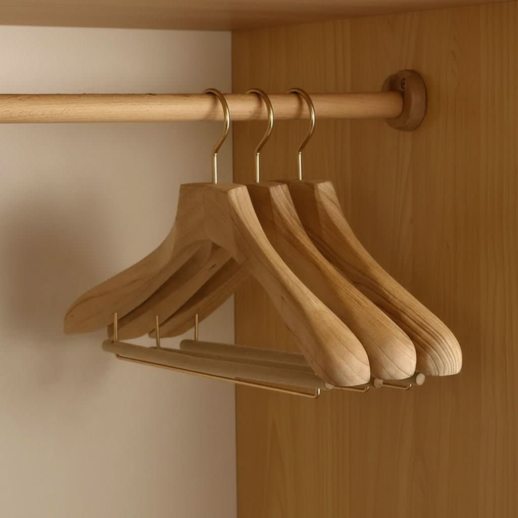 Houten kleerhangers met schouders en stang voor pakken en jassen