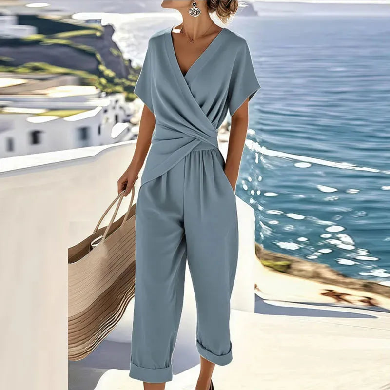 Jumpsuitset voor dames met overslag-V-hals en korte mouwen