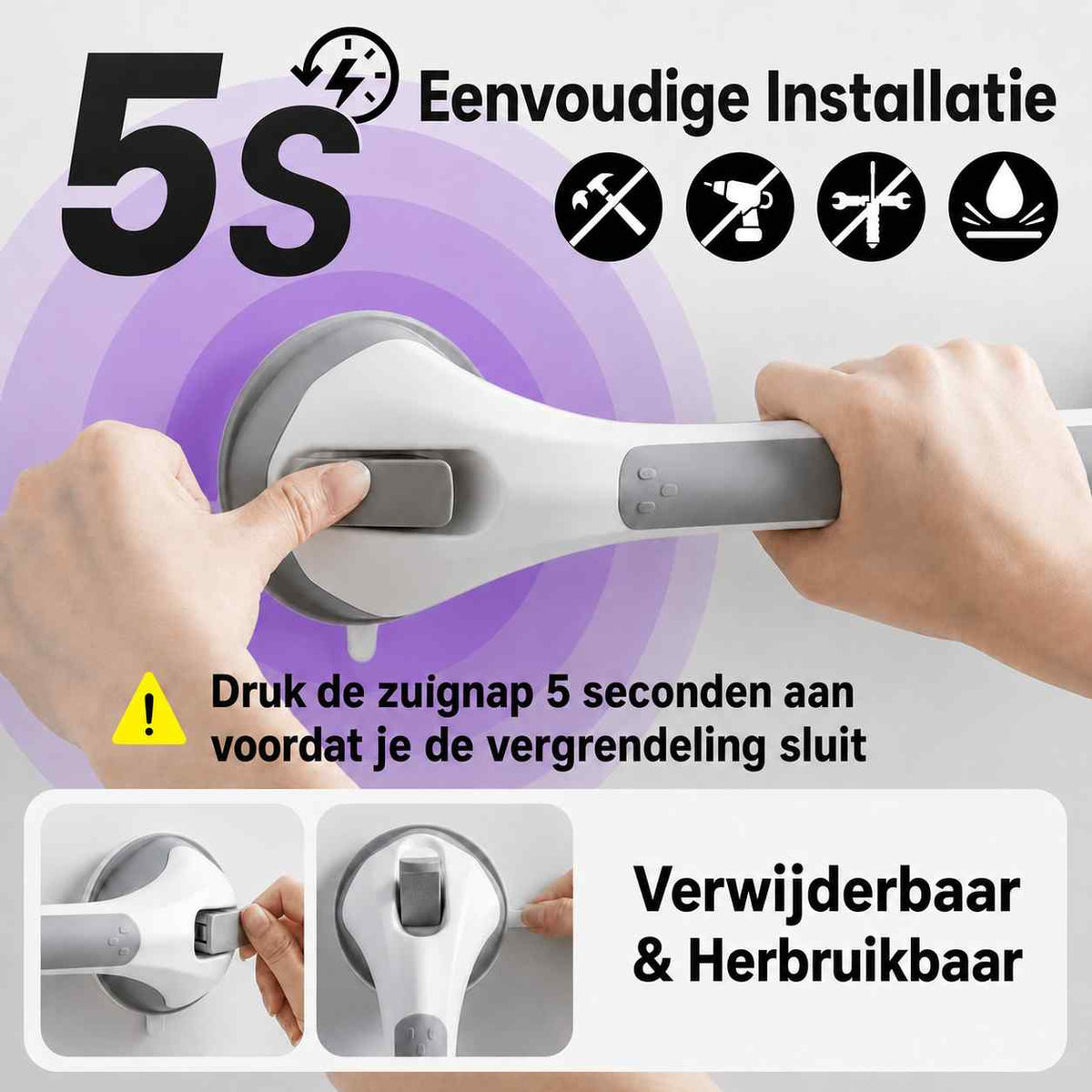 Zuignaphandgreep voor de douche, veiligheidsgreep voor de badkamer zonder boren, 15,7 inch
