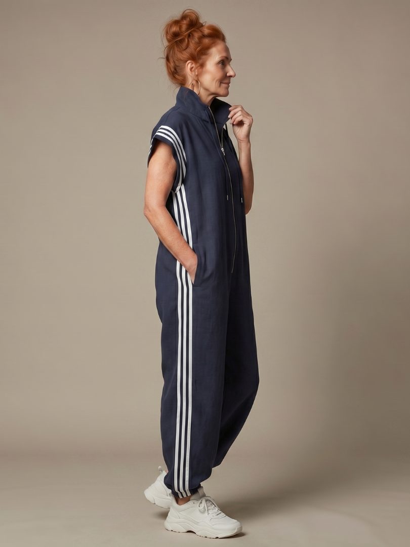Jumpsuit met gestreepte panelen, rits voorop en korte mouwen voor dames