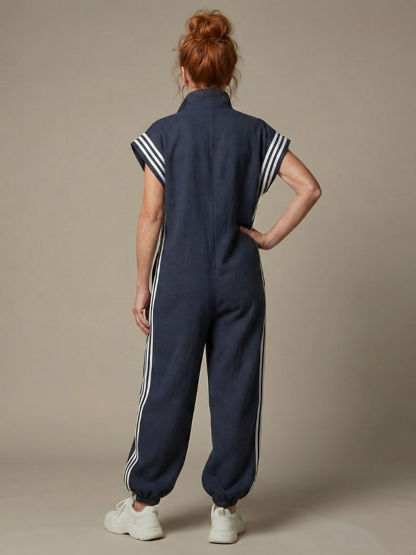 Jumpsuit met gestreepte panelen, rits voorop en korte mouwen voor dames