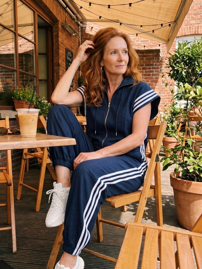 Jumpsuit met gestreepte panelen, rits voorop en korte mouwen voor dames