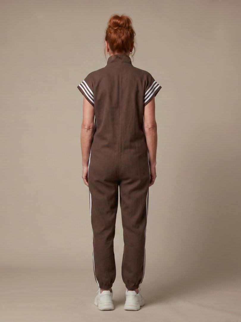 Jumpsuit met gestreepte panelen, rits voorop en korte mouwen voor dames