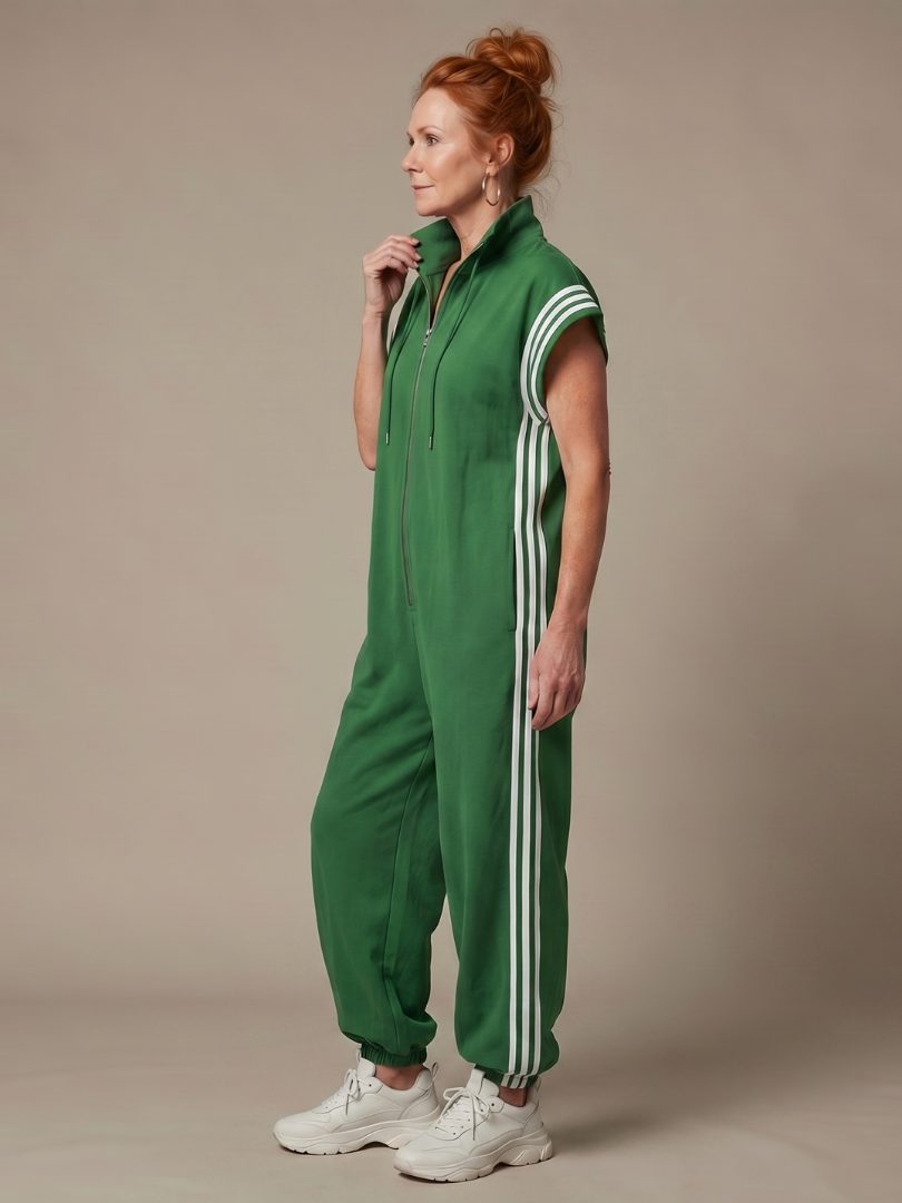 Jumpsuit met gestreepte panelen, rits voorop en korte mouwen voor dames