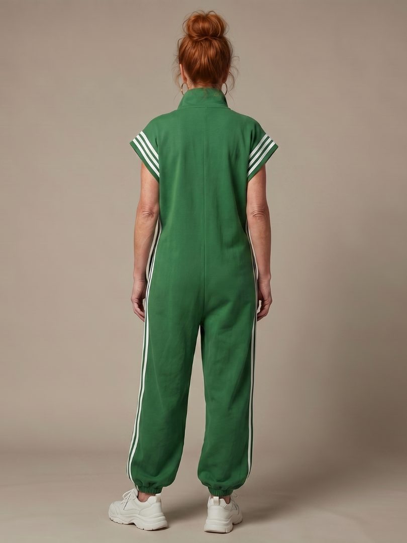 Jumpsuit met gestreepte panelen, rits voorop en korte mouwen voor dames