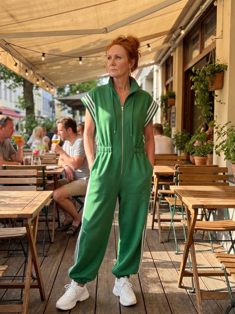 Jumpsuit met gestreepte panelen, rits voorop en korte mouwen voor dames