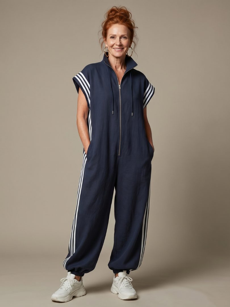 Jumpsuit met gestreepte panelen, rits voorop en korte mouwen voor dames